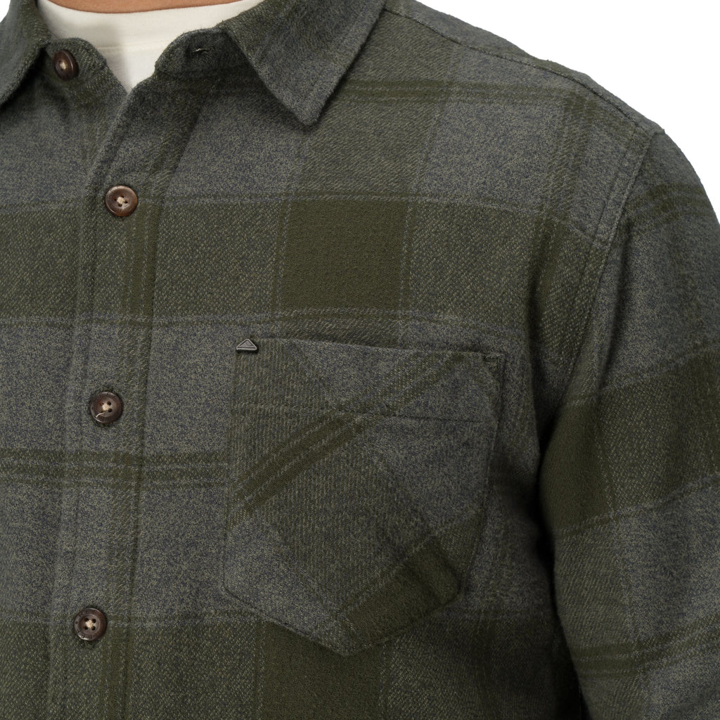 Close-up of Reggie Flannel Shirt chest pocket and buttons, showcasing soft, rugged surf-inspired comfort from StoreRank.ai All Products.