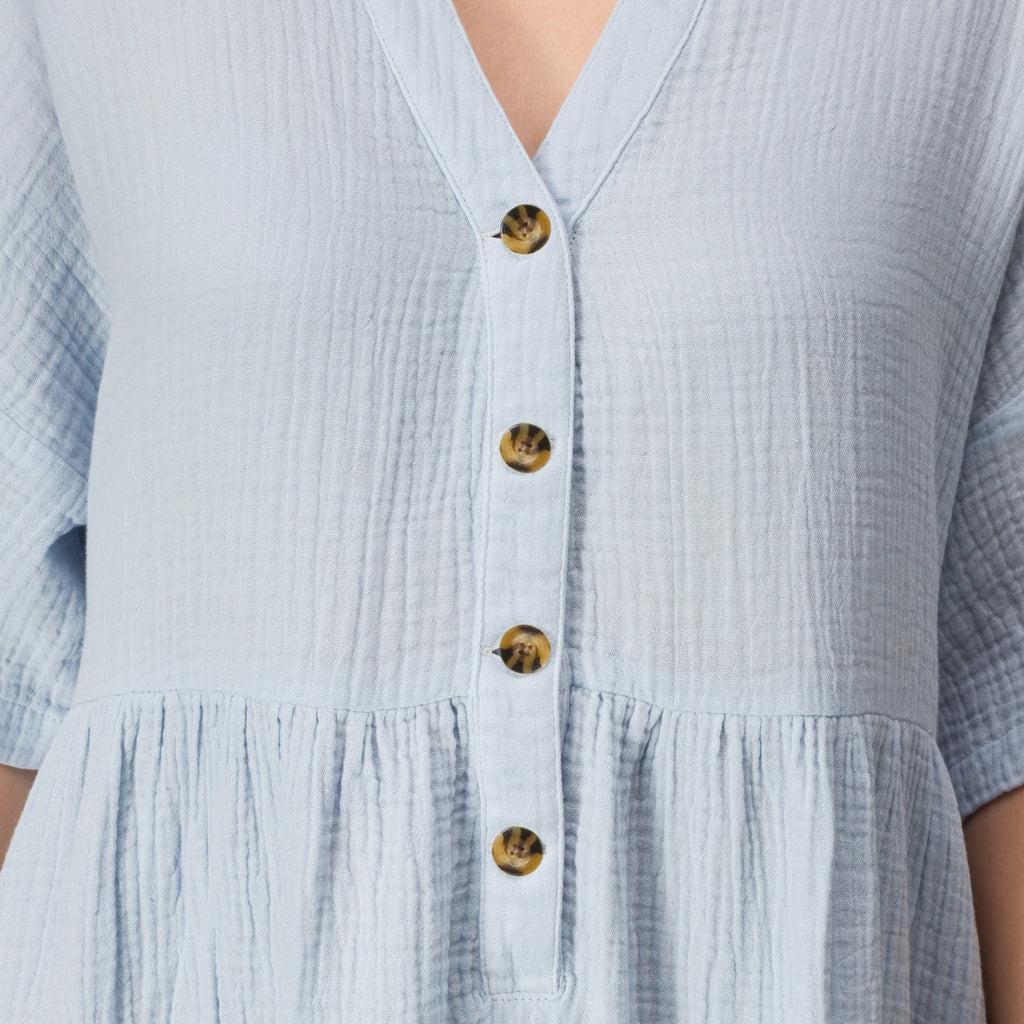 Close-up of the upper front buttons and textured fabric of the light blue Lainey Shirt Dress for women.