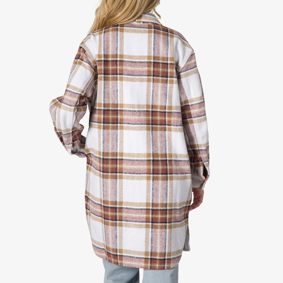 Victoria Shacket shown from back, women’s plaid shacket with comfort-focused, surf-inspired design for beach lifestyle.