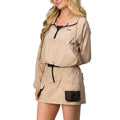 Woman wearing a beige Anorak Hoodie facing forward, showing half body with front hoodie details and drawstring hood