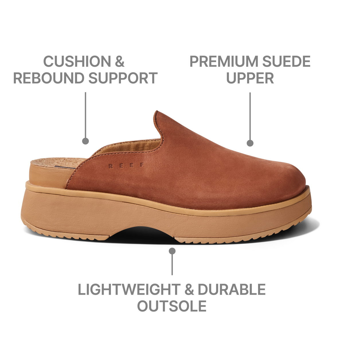 Vista Skye women's right-facing shoe close-up showing premium suede upper and cushioned, lightweight outsole for comfort.