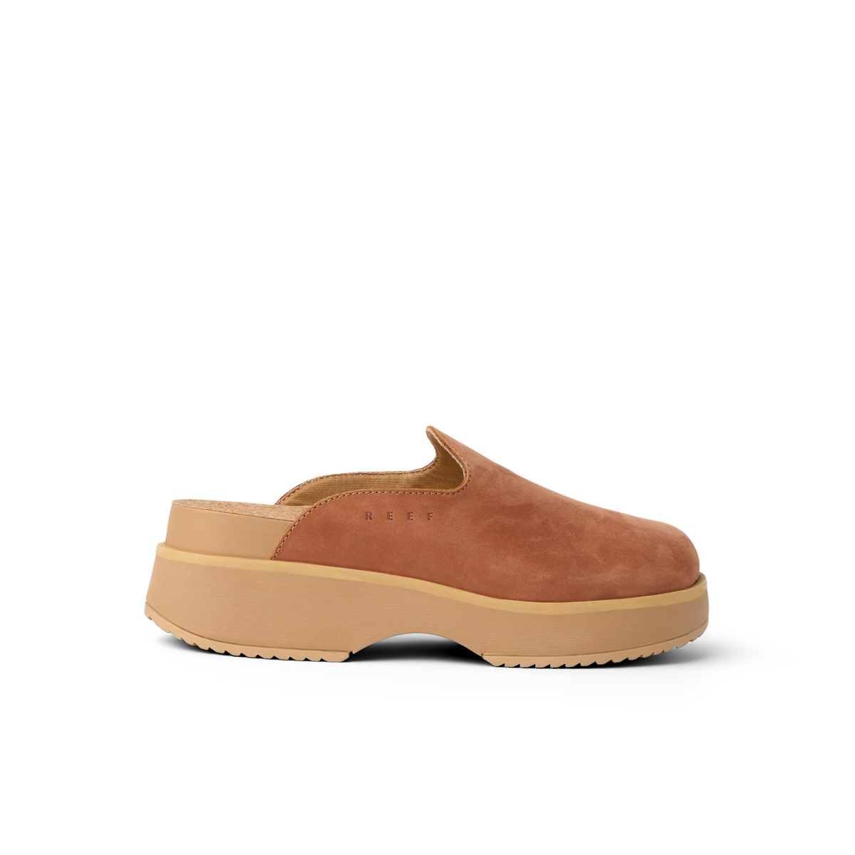 Vista Skye women's sandal facing right, caramel color with platform sole, designed for beach comfort and support by REEF.