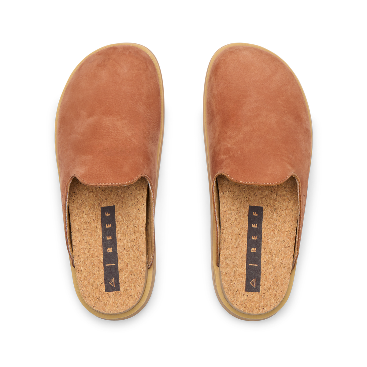 Vista Skye women’s slip-on shoes facing up, soft caramel upper, cork footbed with anatomical arch support, beach comfort design.