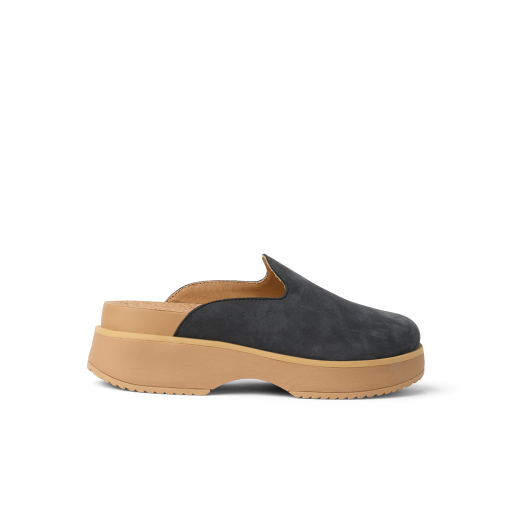 Vista Skye women's charcoal slip-on shoe facing right, showcasing soft-rebound cushioning and arch support for beach comfort.
