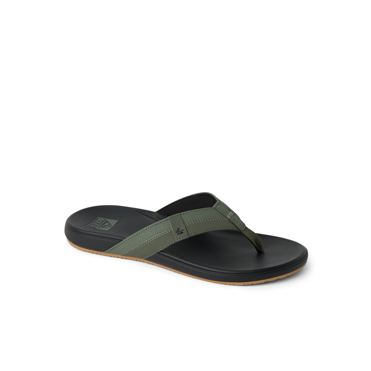 Cushion Phantom 2.0 men's sandal angled left, olive straps, black footbed, with anatomical arch support and cushioning.