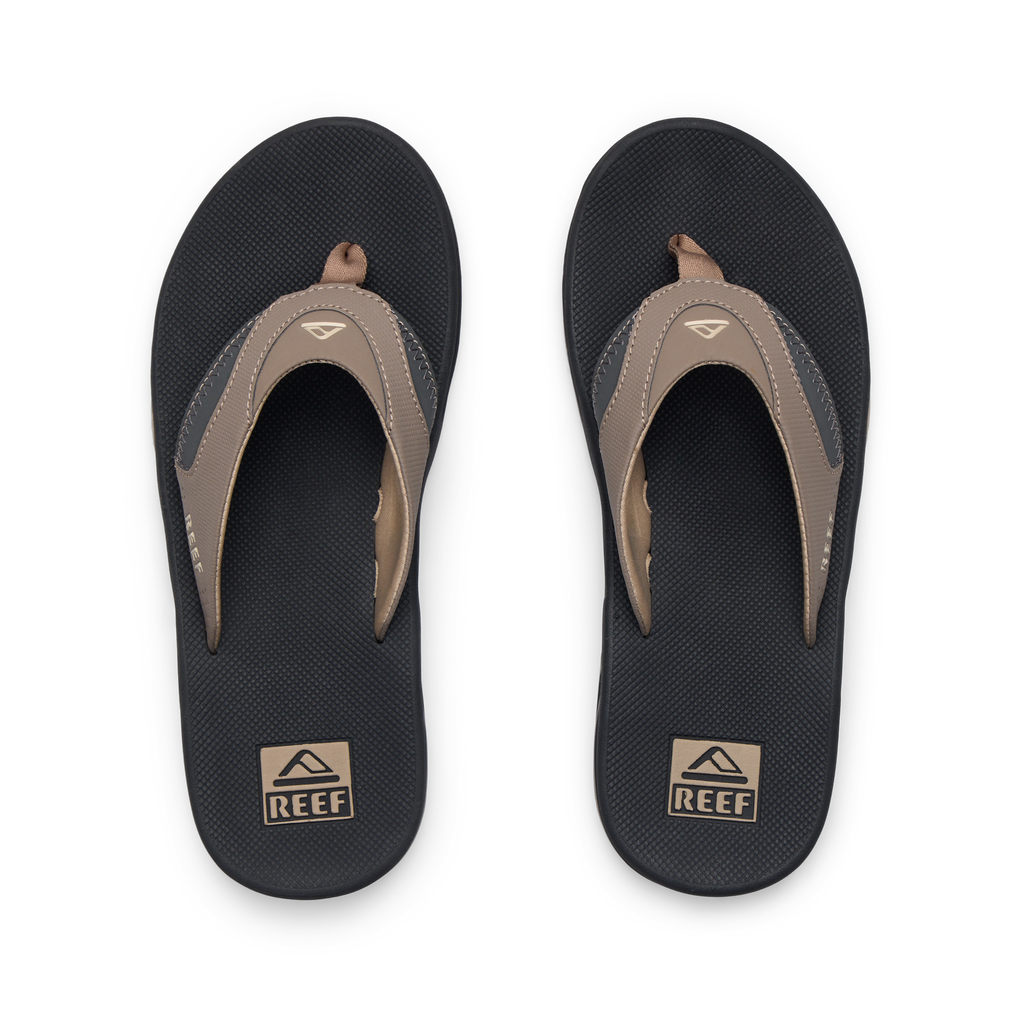Fanning men's flip flop pair top view with synthetic nubuck straps and cushioned footbed for beach-ready comfort