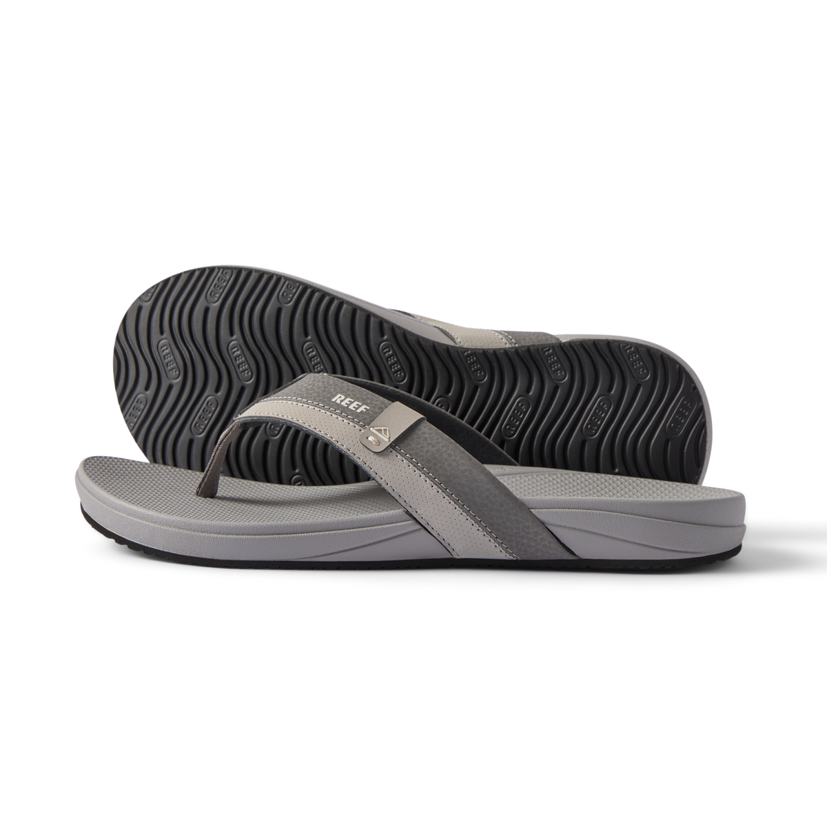 Pair of grey Cushion Phantom 2.0 men's sandals, side and bottom views, featuring extra cushion and arch support.