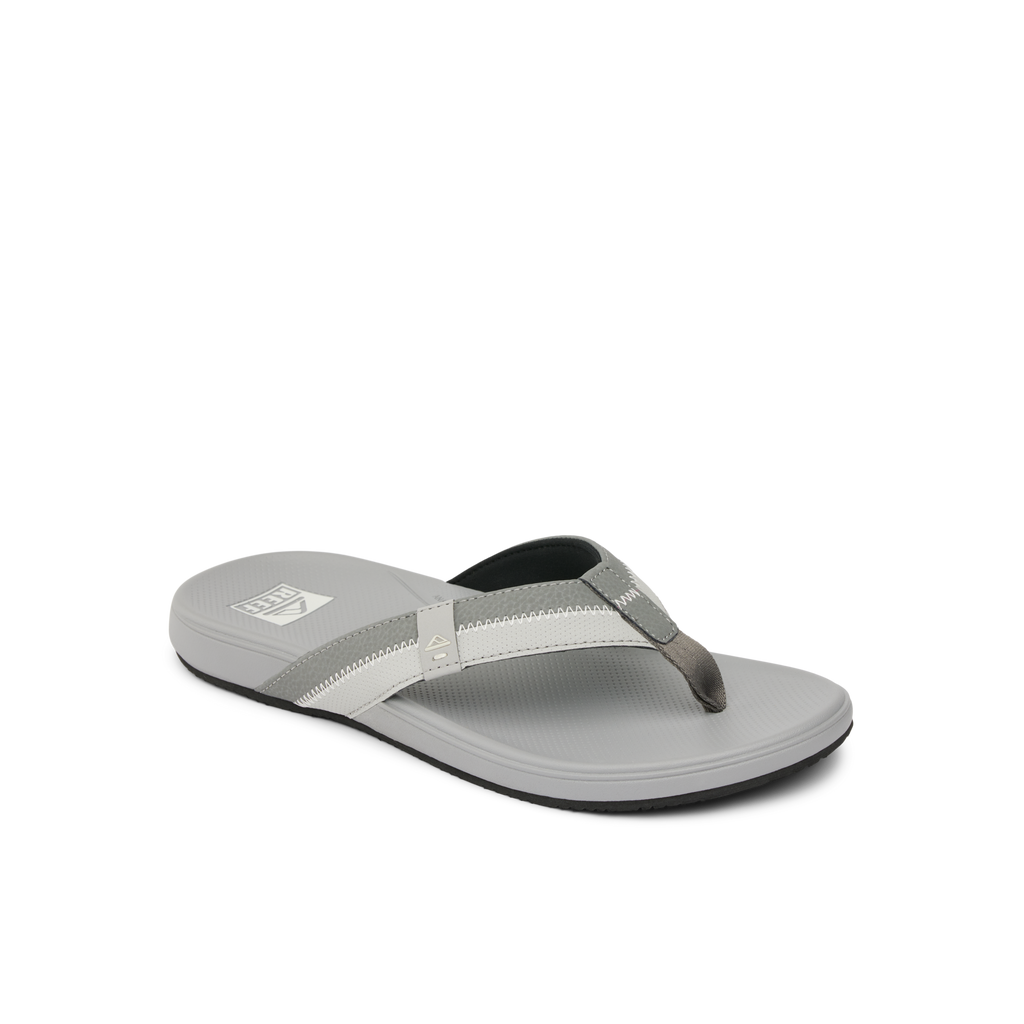 Cushion Phantom 2.0 grey sandal facing right, close-up of toe post and cushioned footbed for comfort and support