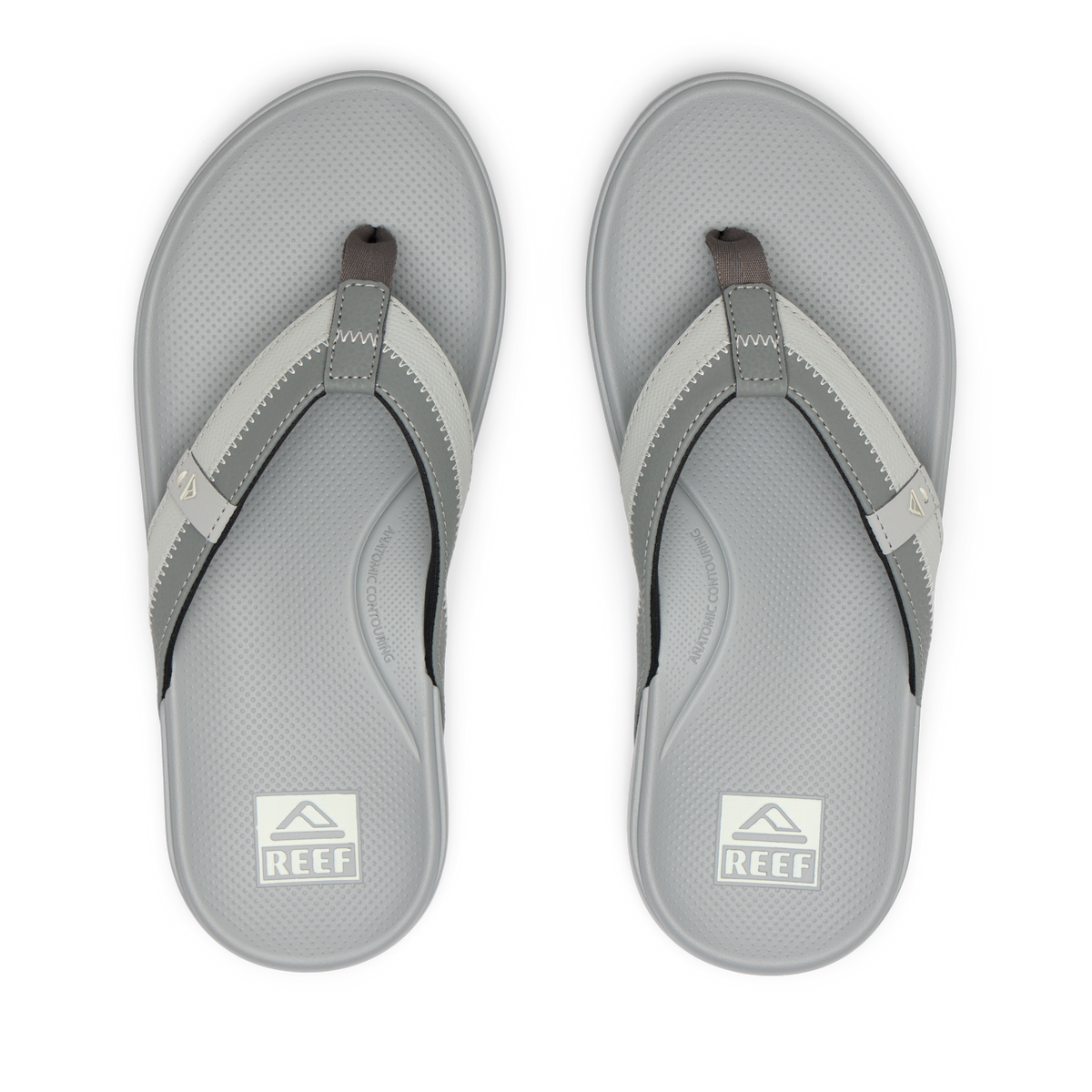 Top view of grey Cushion Phantom 2.0 men's sandals featuring anatomical arch support and soft cushioning for beach comfort.