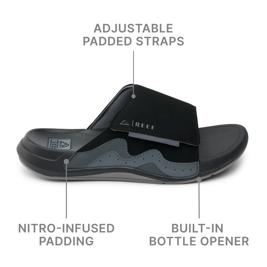 Side view of the black Cruiser Slide for men showing adjustable padded straps and built-in bottle opener.