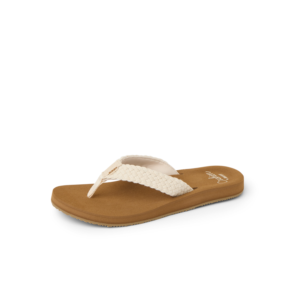Baja Maria women's sandal facing left, close-up of soft cushioned footbed and woven cream strap for beach comfort.