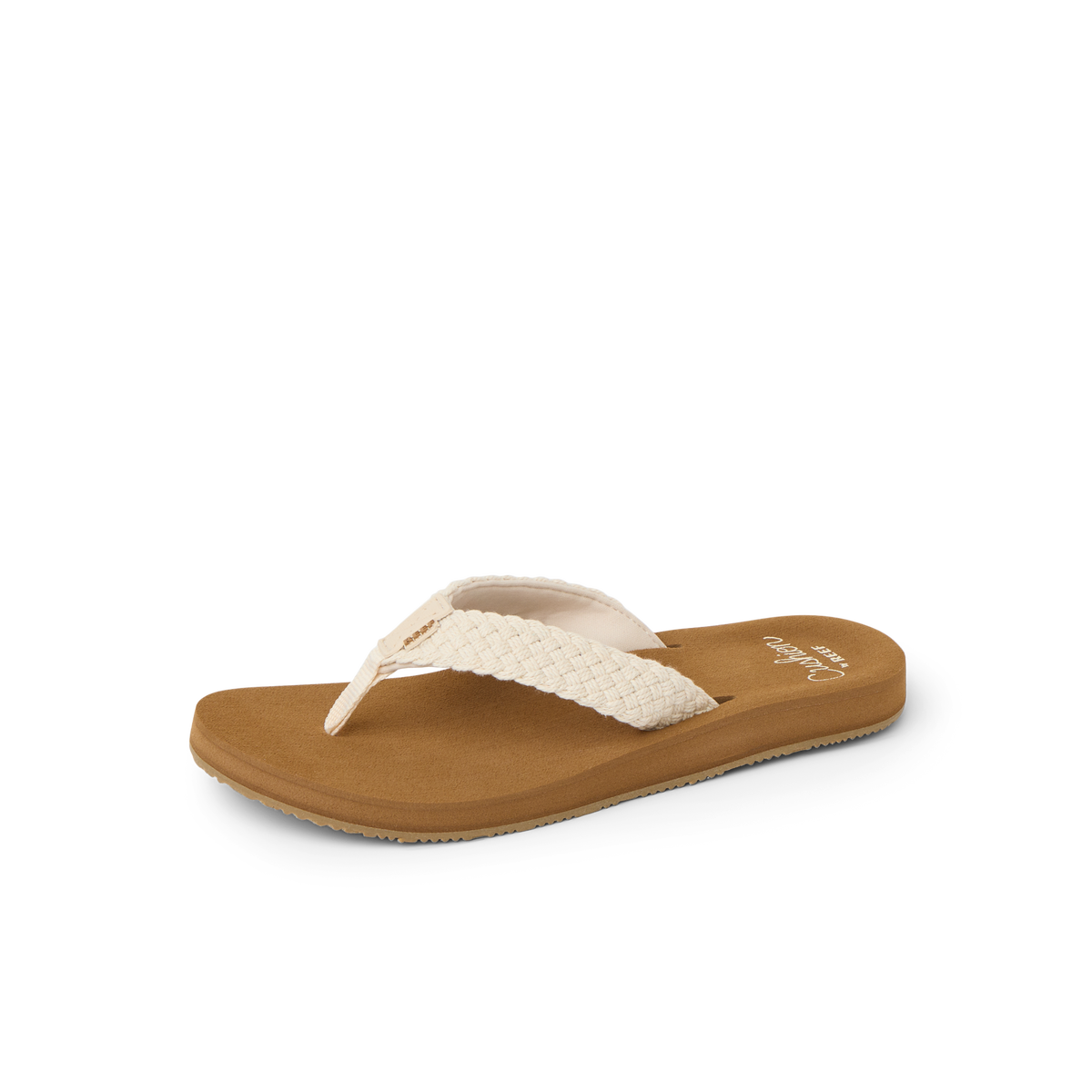 Baja Maria women's sandal facing left, close-up of soft cushioned footbed and woven cream strap for beach comfort.