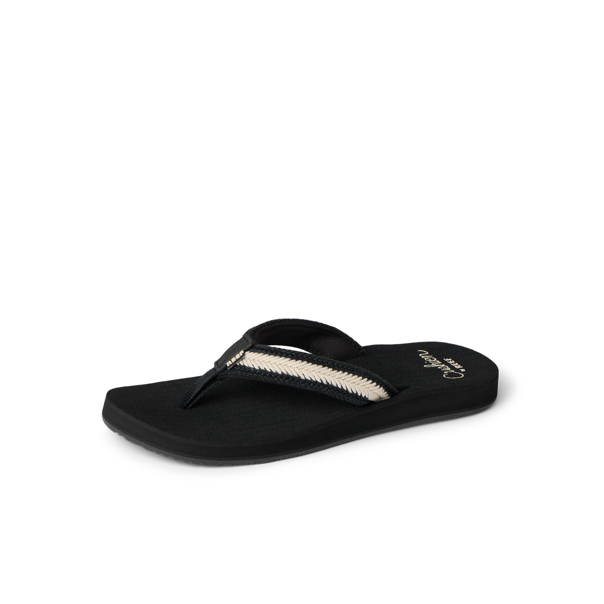 Baja Maria women's black flip flop facing left, close-up of toe strap with cushioned arch support for beach comfort