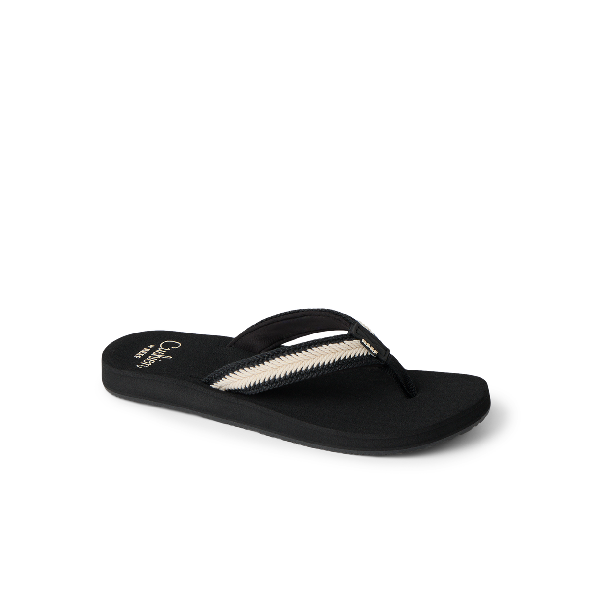 Baja Maria right-facing black flip flop for women with cushioned sole and arch support, beach-inspired comfort design by REEF