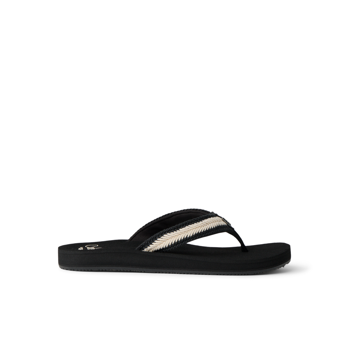 Baja Maria women's black flip flop facing right, featuring anatomical arch support and soft-rebound cushioning for comfort.