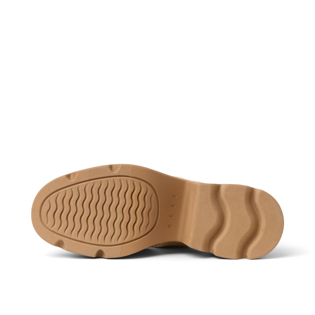 Vista Luxe Lucie women's sandal bottom sole facing up, showing durable, water-friendly tread with arch support features