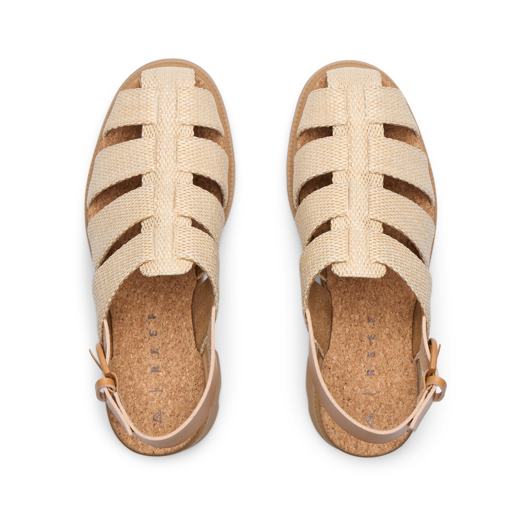 Top view of Vista Luxe Lucie women's sandals in raffia with anatomical arch support and soft cushioning for beach comfort.