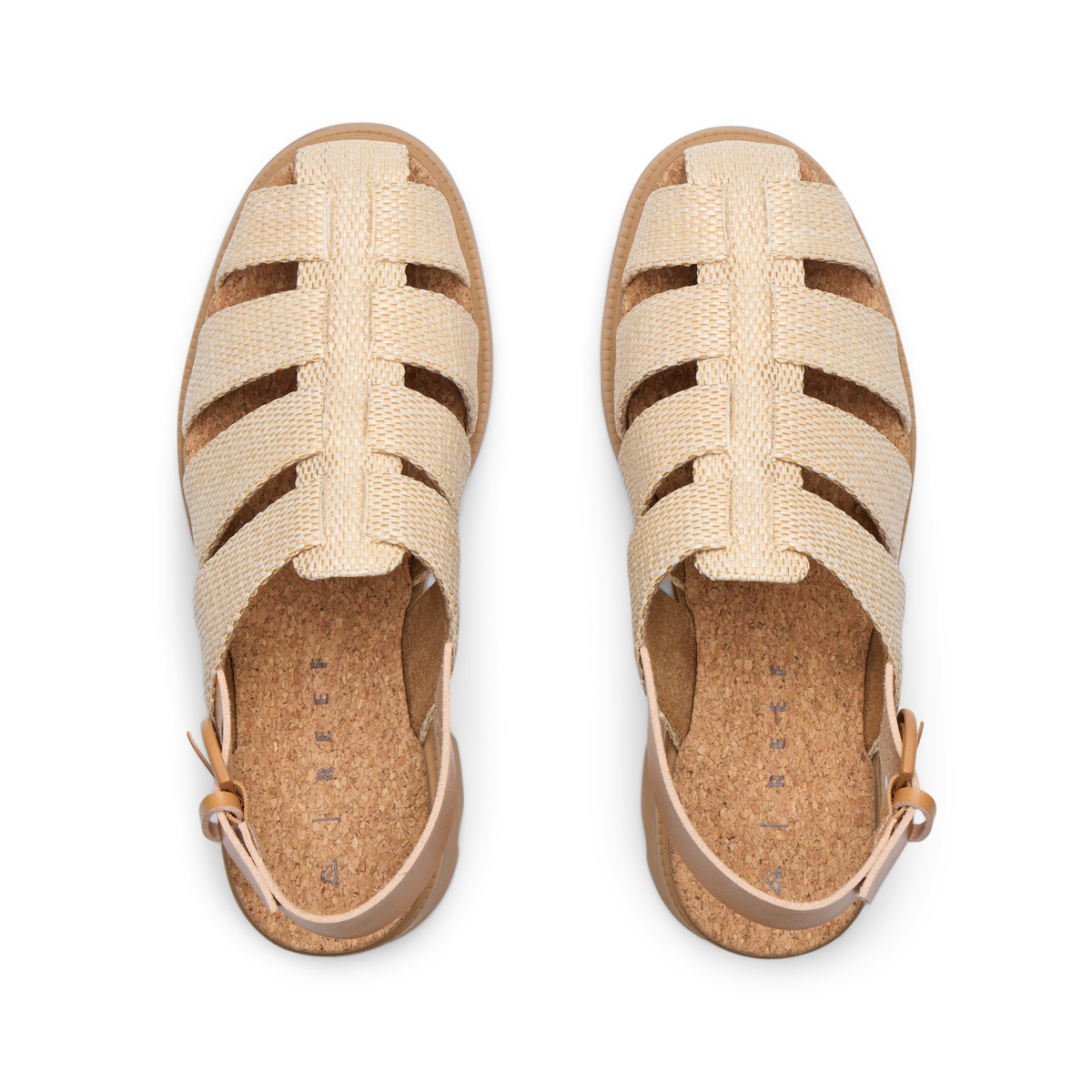 Top view of Vista Luxe Lucie women's sandals in raffia with anatomical arch support and soft cushioning for beach comfort.