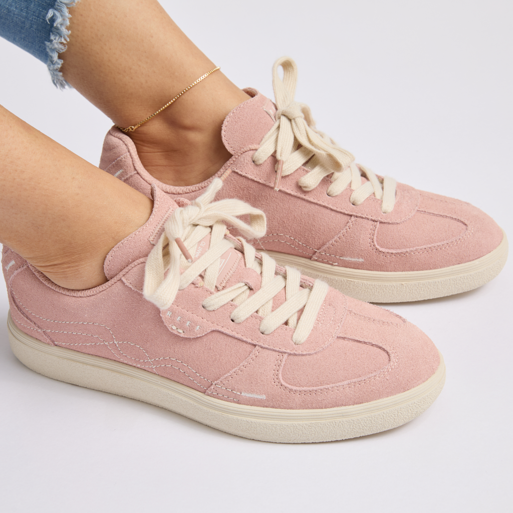 Boardwalk Callie women's pink sneakers facing right, close-up of shoes with laces and cushioned sole for beach comfort.