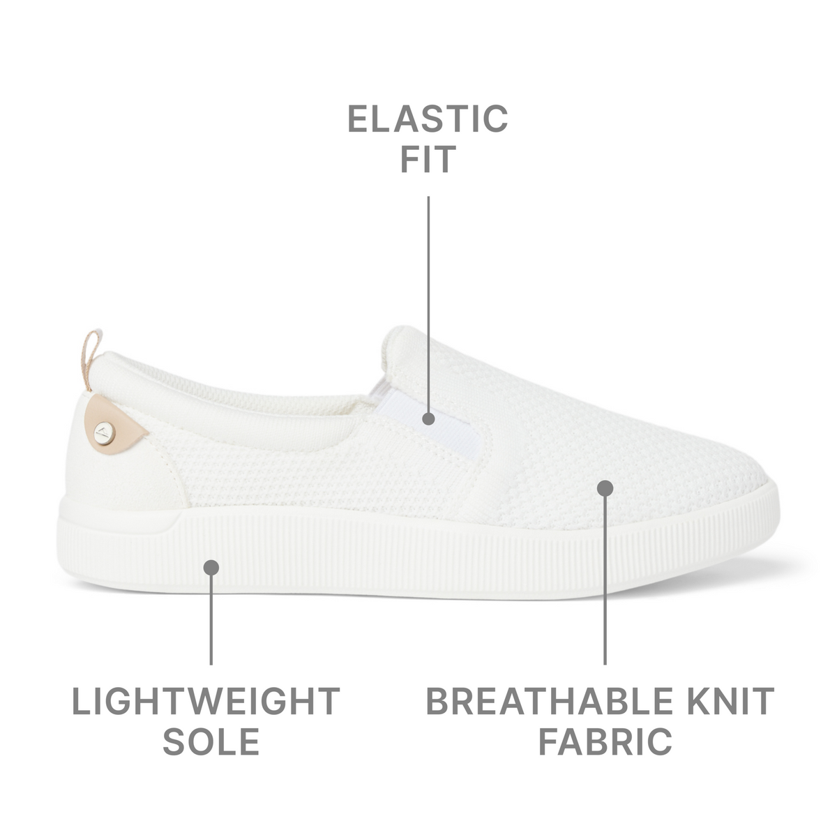 Neptune Elyse women's white sneaker facing right, highlighting breathable knit fabric, elastic fit, and lightweight sole.