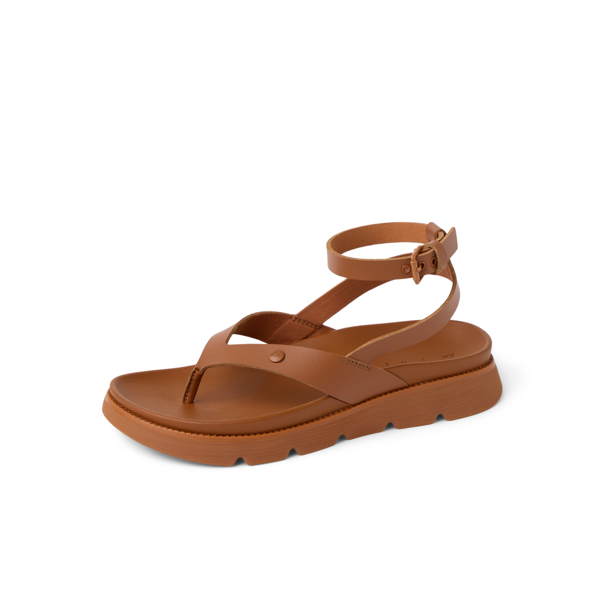 Vista Luxe Sierra women's brown leather sandal facing right, showing cushioned footbed and adjustable ankle strap.