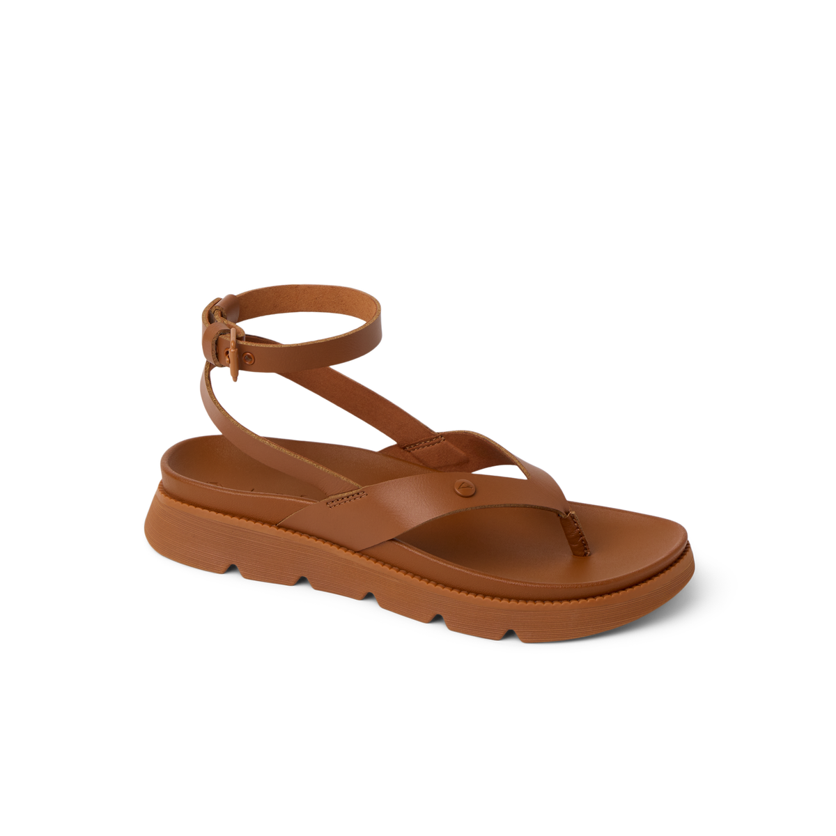 Vista Luxe Sierra women's brown leather sandal facing left, ankle strap, soft-rebound cushioning, beach-inspired comfort.