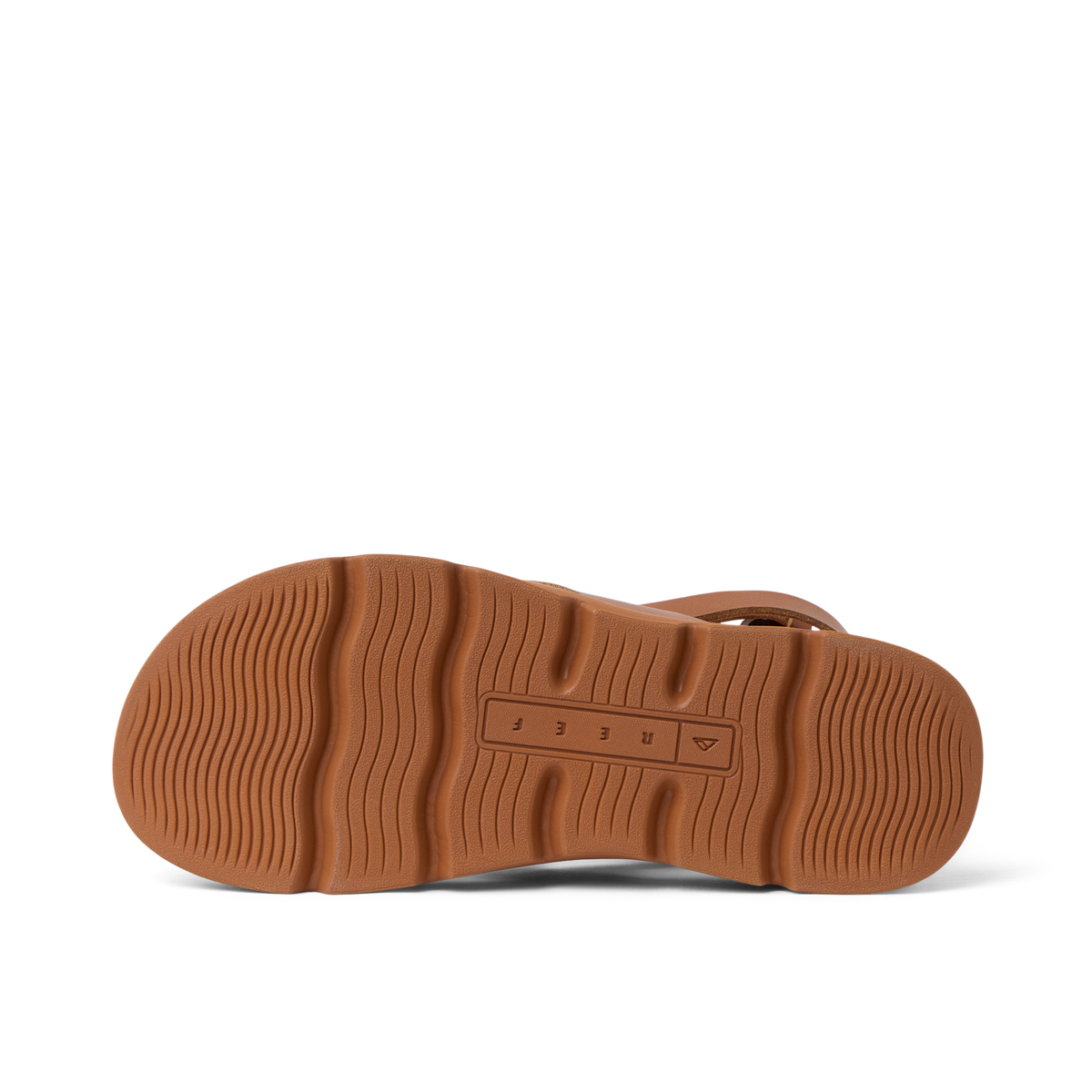 Bottom view of the right Vista Luxe Sierra sandal in brown leather showing textured sole for durable beach comfort