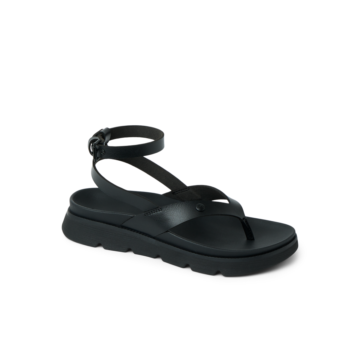 Vista Luxe Sierra black women's sandal facing right, featuring ankle strap and cushioned sole for beach comfort