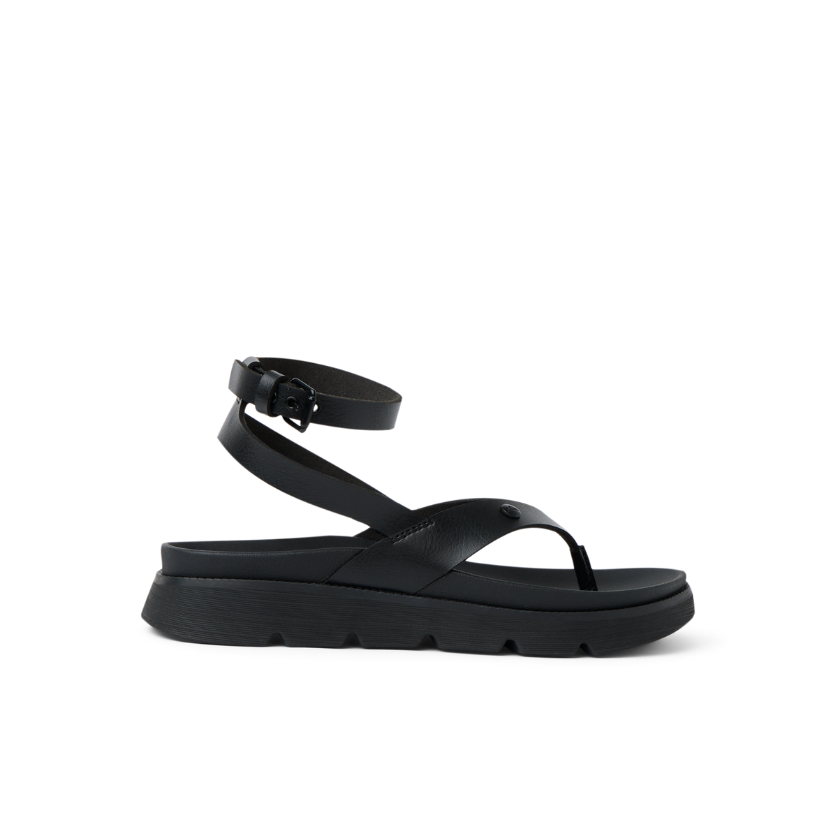 Vista Luxe Sierra black sandal facing left, showing side view with ankle strap, platform sole, and cushioned footbed.