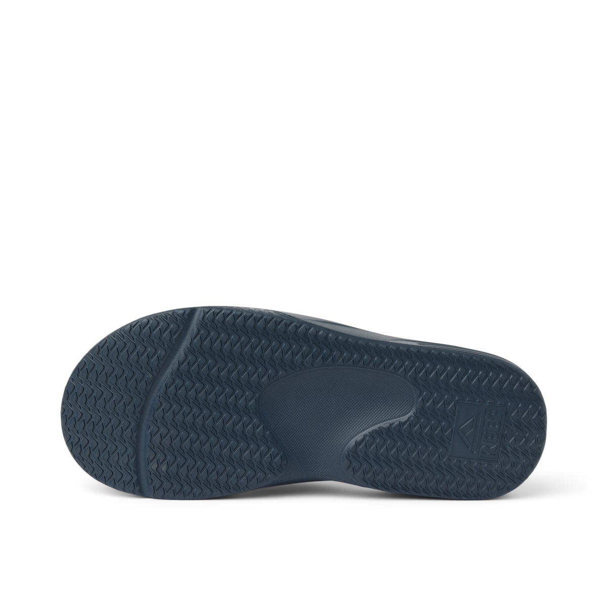 Fanning H2O men's navy blue shoe sole facing up, showing durable, water-friendly traction and arch support design.