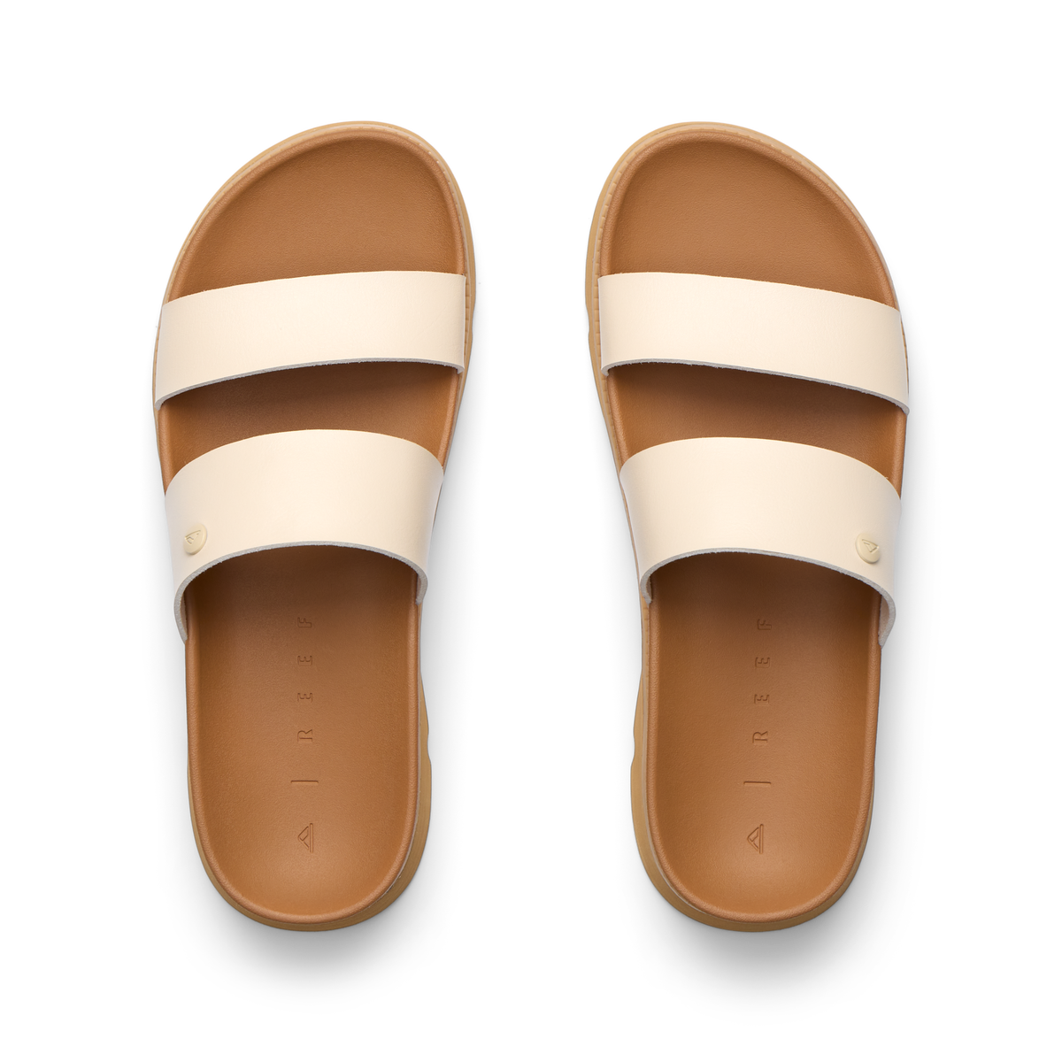 Vista Luxe Thea women's sandals facing upward with two cream straps, cushioned footbed, and anatomical arch support.