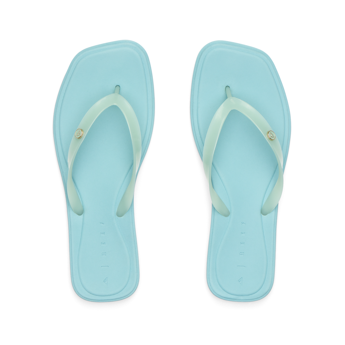 Solaye women's mint teal flip flops top view, beach-inspired comfort with anatomical arch support and soft cushioning.