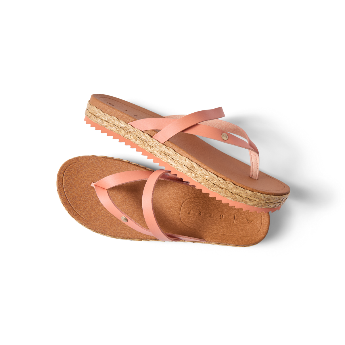 Vista Carmen women's sandals with light pink straps, right sandal facing up, left sandal showing sole, beach-inspired comfort design.