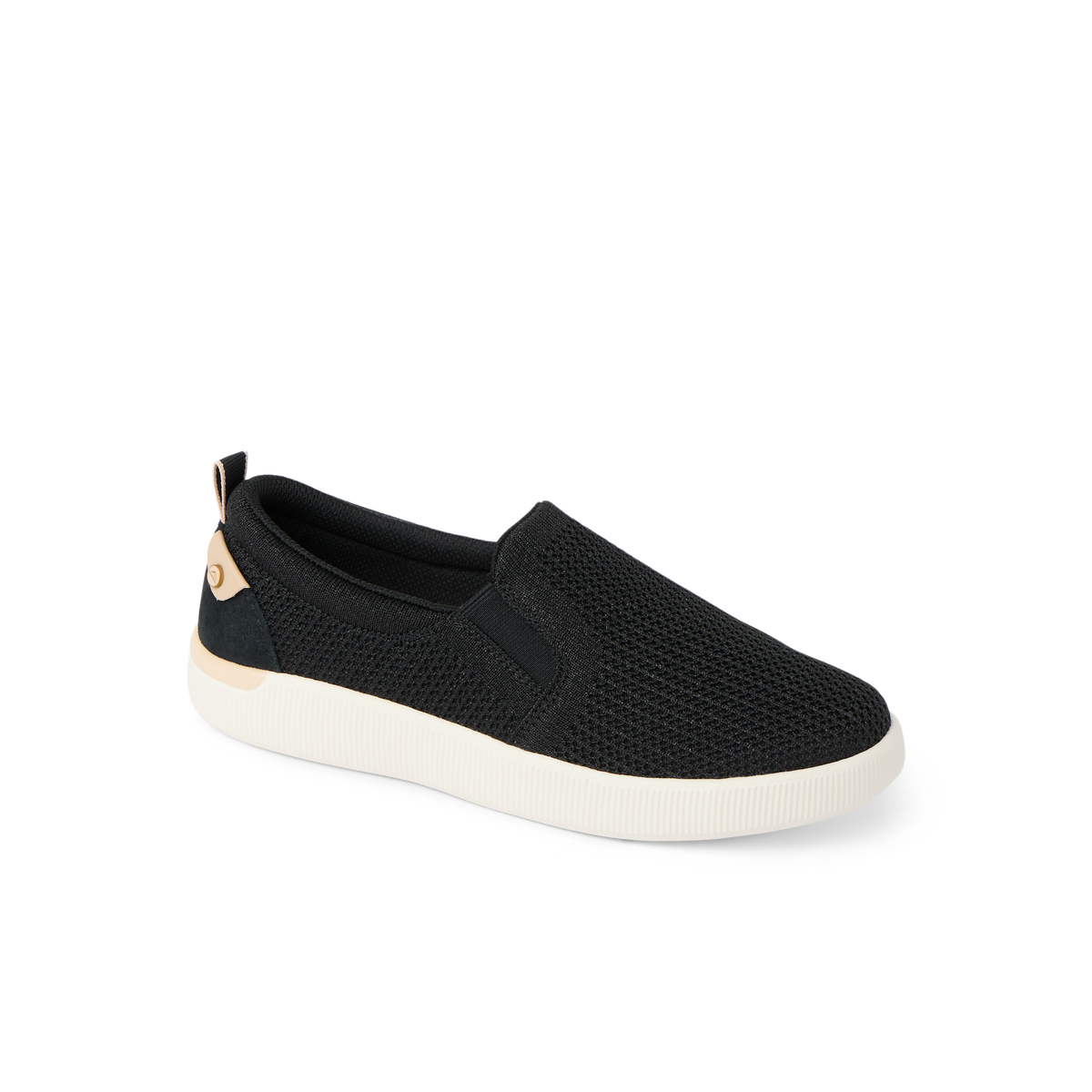 Neptune Elyse women's black metallic slip-on sneaker facing right, featuring lightweight breathable mesh and comfort cushioning.