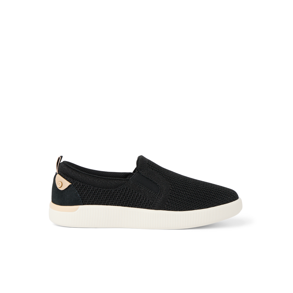 Neptune Elyse women's black metallic slip-on sneaker facing left with cushioned arch support for beach comfort.