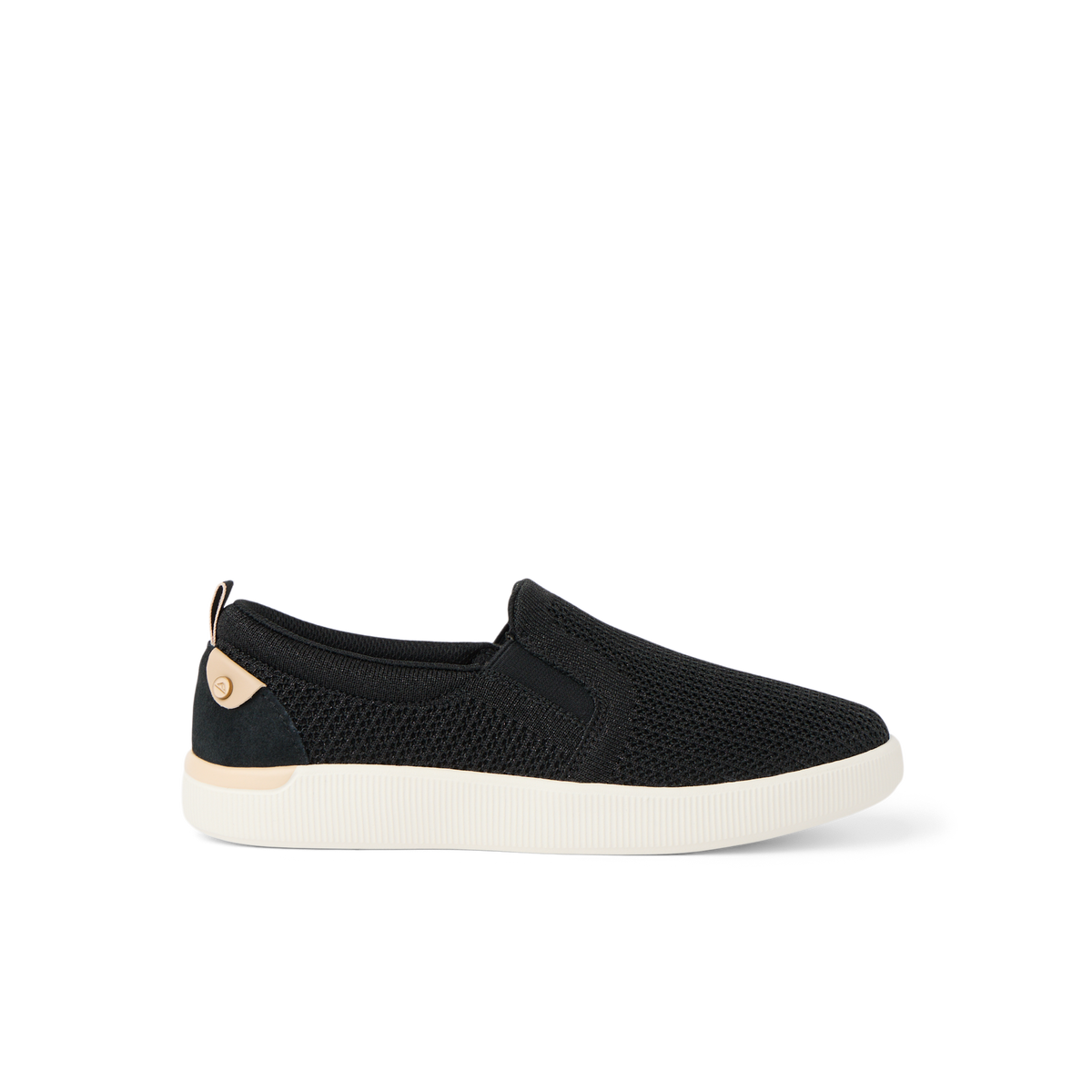 Neptune Elyse women's black metallic slip-on sneaker facing left with cushioned arch support for beach comfort.