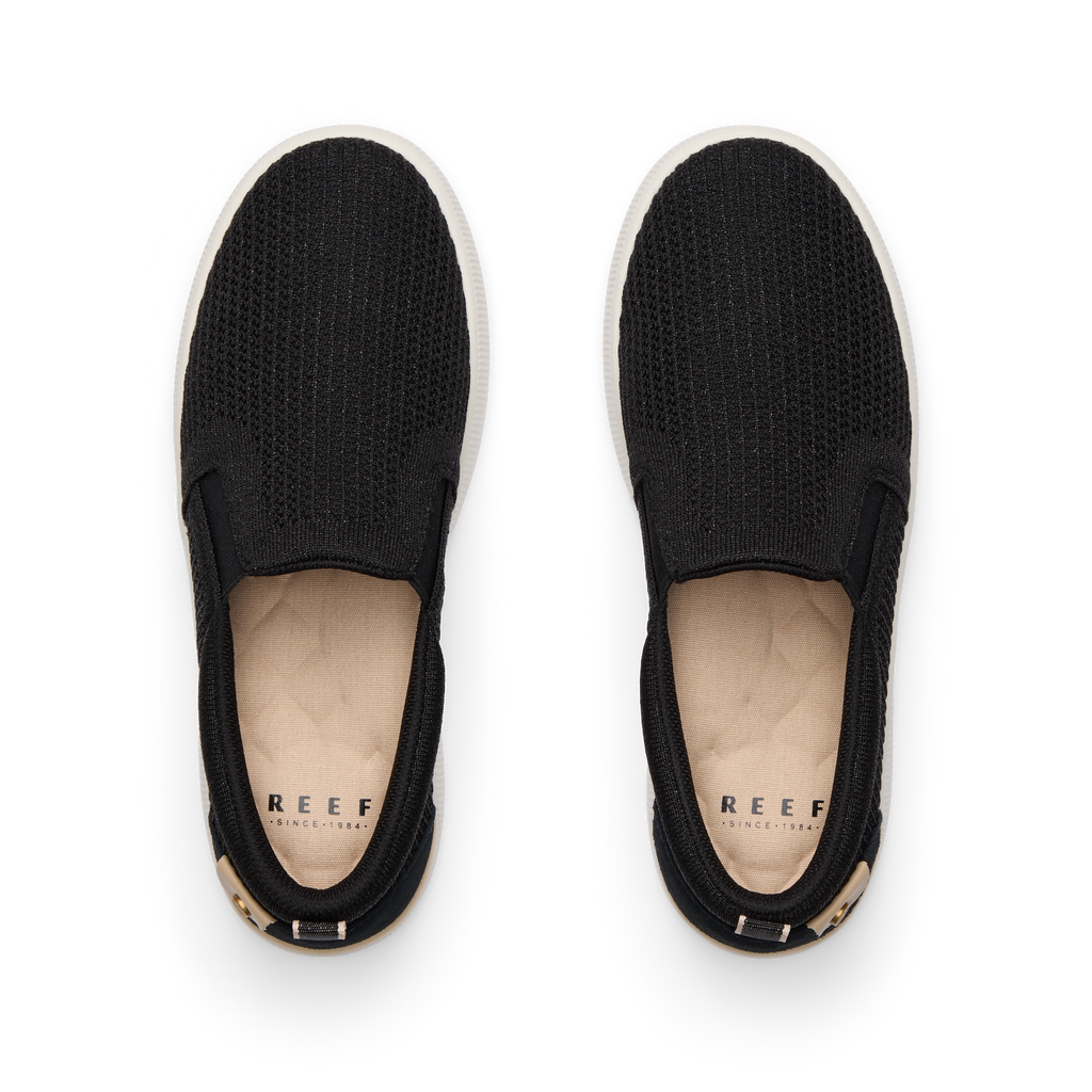 Top view of Neptune Elyse women's black metallic knit slip-on shoes with cushioned insoles and arch support by REEF.