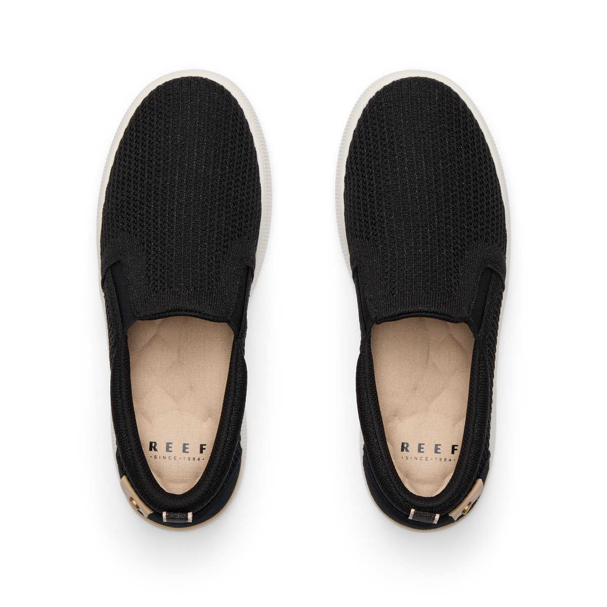 Top view of Neptune Elyse women's black metallic knit slip-on shoes with cushioned insoles and arch support by REEF.