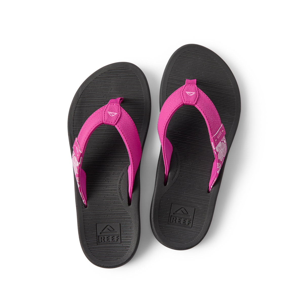 Top view of Santa Ana women's flip flops with fuchsia strap and black sole, showcasing comfort and beach-inspired design.