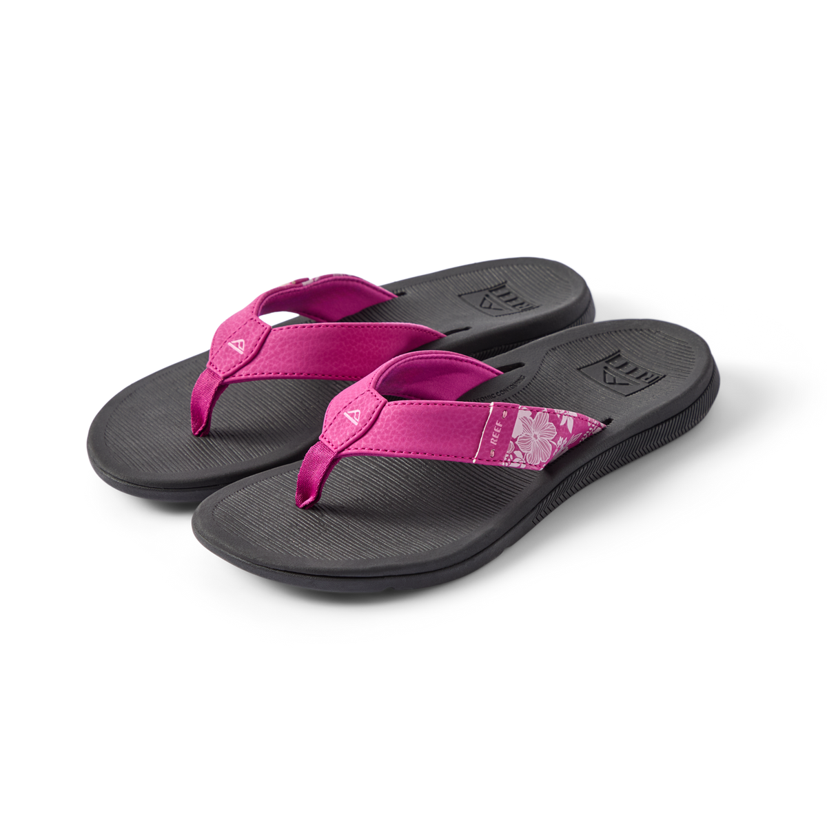 Santa Ana women's black sandals with fuchsia straps facing right, featuring arch support and soft-rebound cushioning