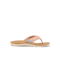 Santa Ana women's peach tan flip flop facing left, showing soft-rebound cushioned footbed and floral strap detail.