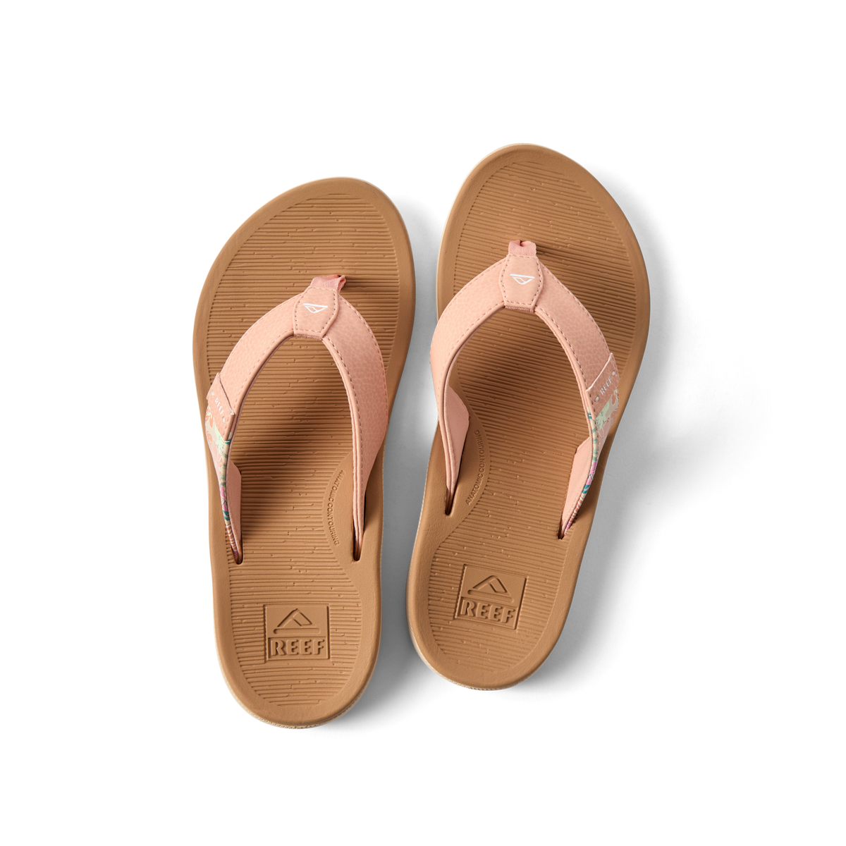 Top-down view of Santa Ana women's peach tan flip flops with cushioned footbed and arch support for beach comfort