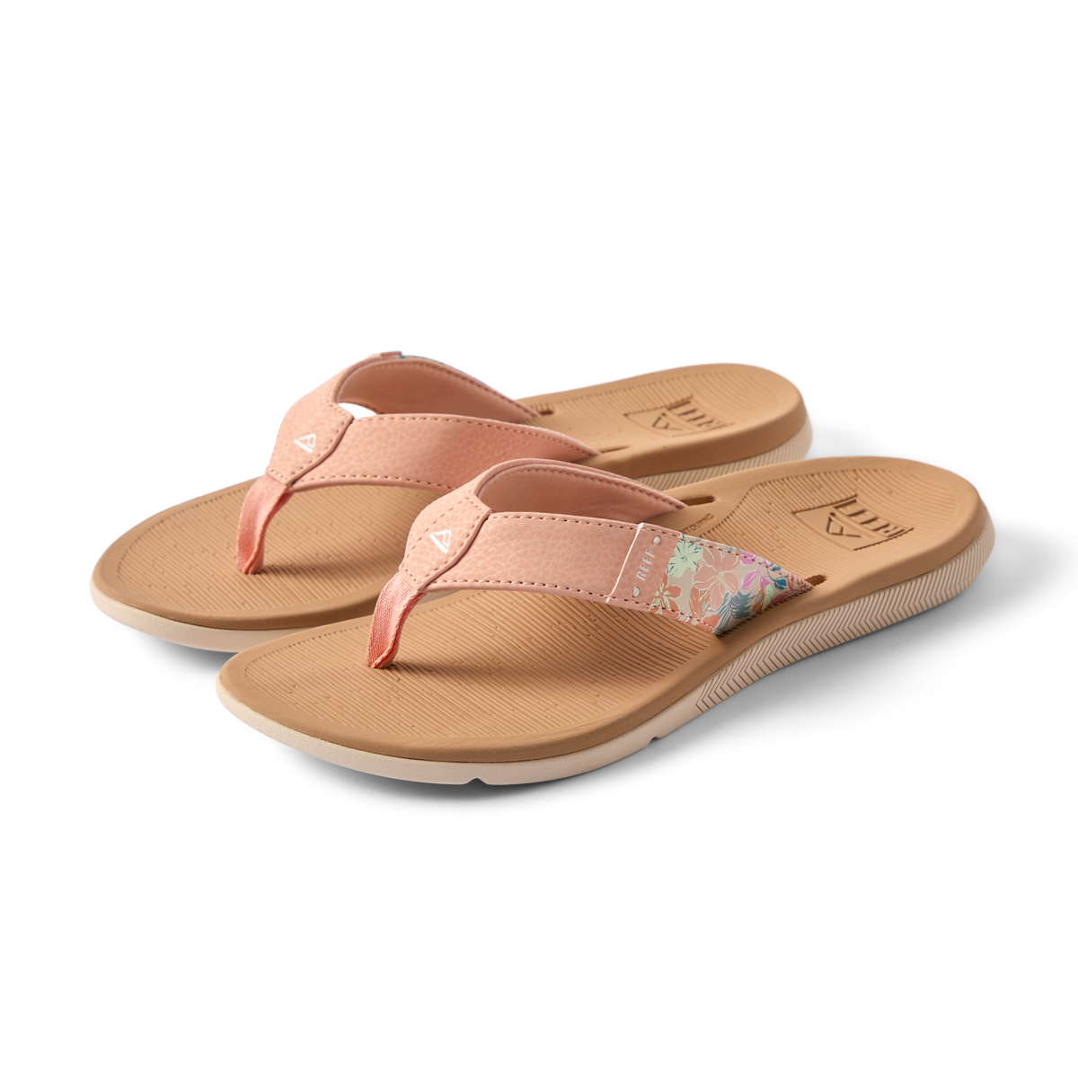 Santa Ana women's peach tan flip flops facing right, showing top and side with soft cushioning and arch support.