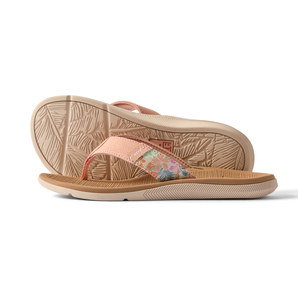 Santa Ana women's sandals facing right, close-up of cushioned sole and floral strap, beach-inspired comfort footwear.