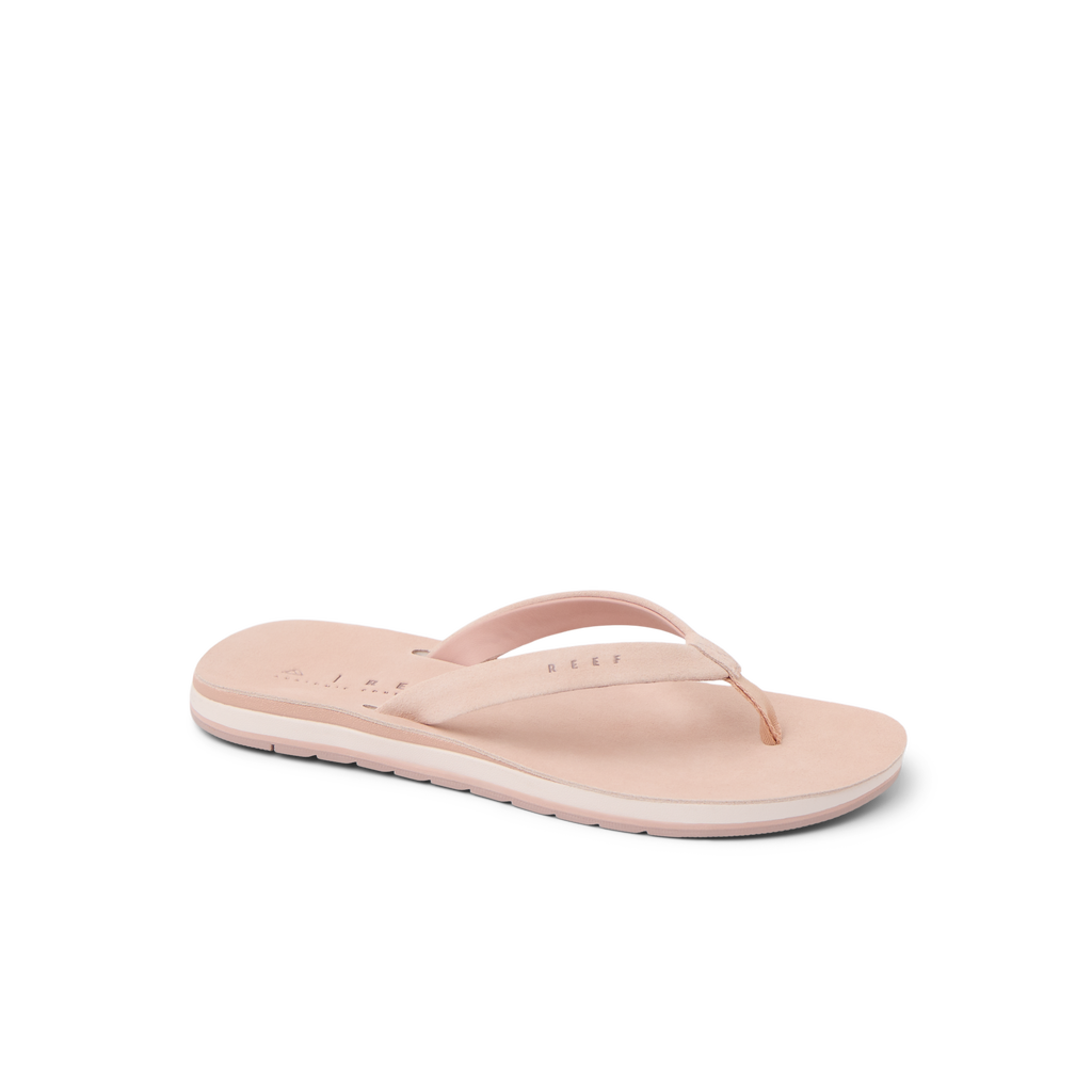Ojai Classic Slim women's blush suede flip flop facing right, featuring soft cushioning and arch support for comfort.