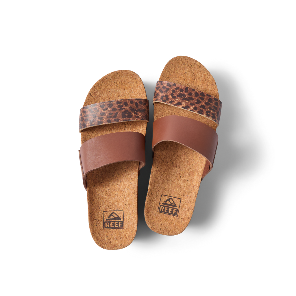 Cushion Vista Hi sandals top view facing upward with brown leather and leopard print straps, soft cushioning, and arch support