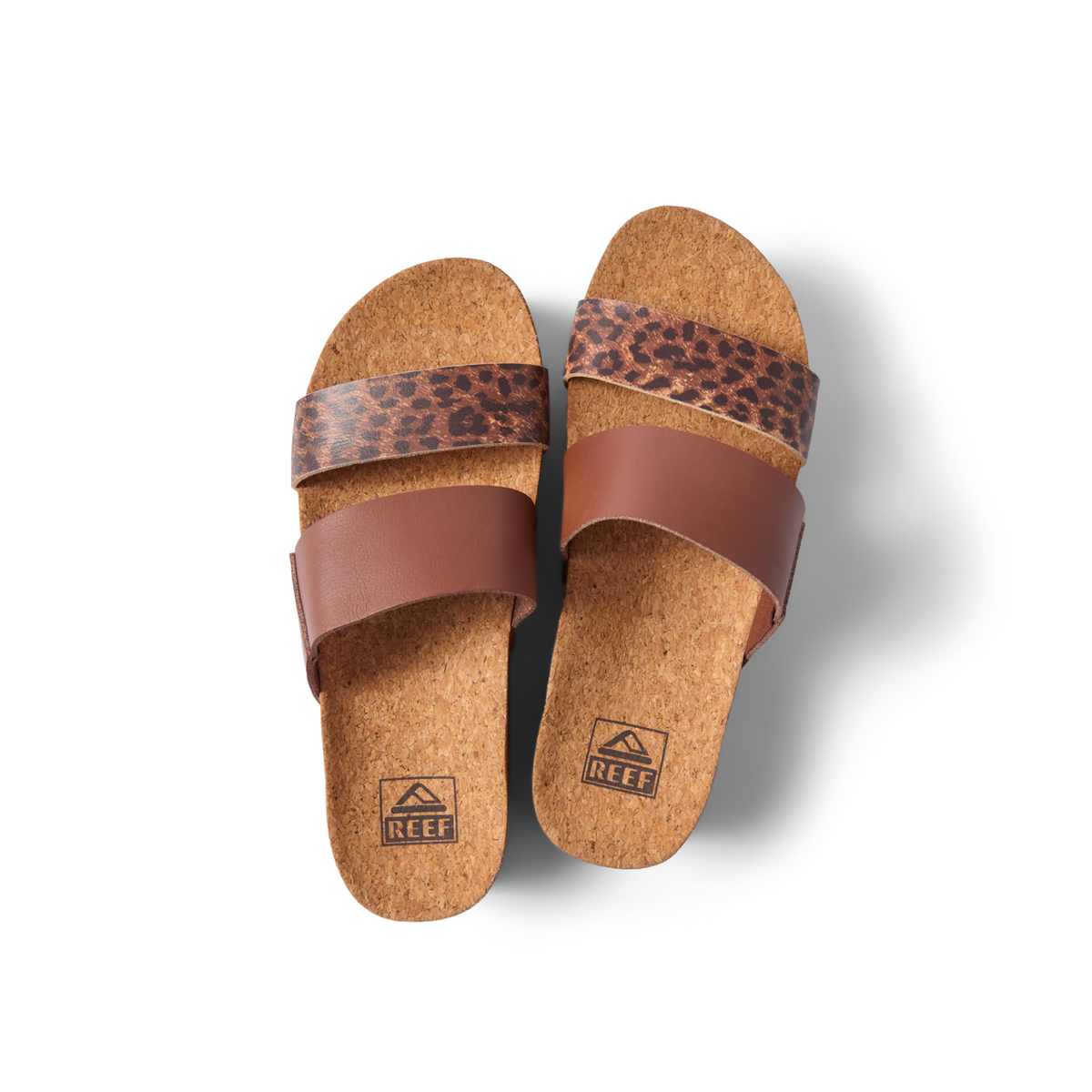 Cushion Vista Hi sandals top view facing upward with brown leather and leopard print straps, soft cushioning, and arch support