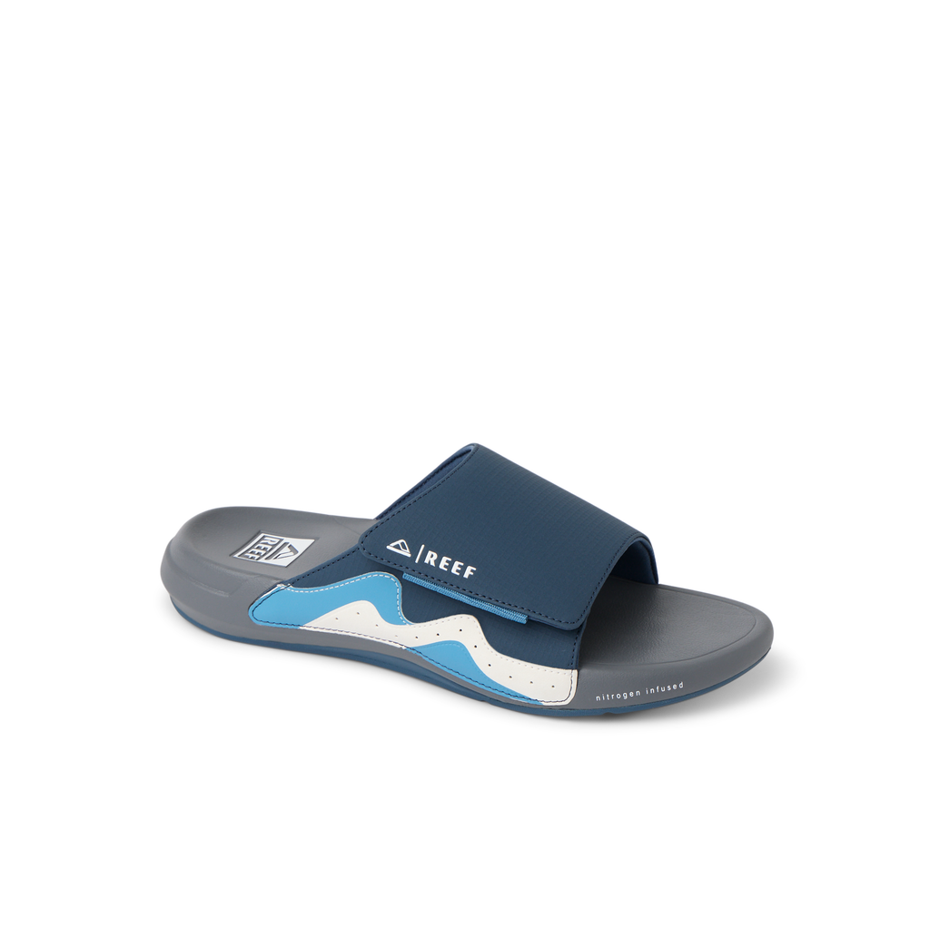Cruiser Slide facing right, men's navy grey white slide sandal with anatomical arch support and soft cushioning