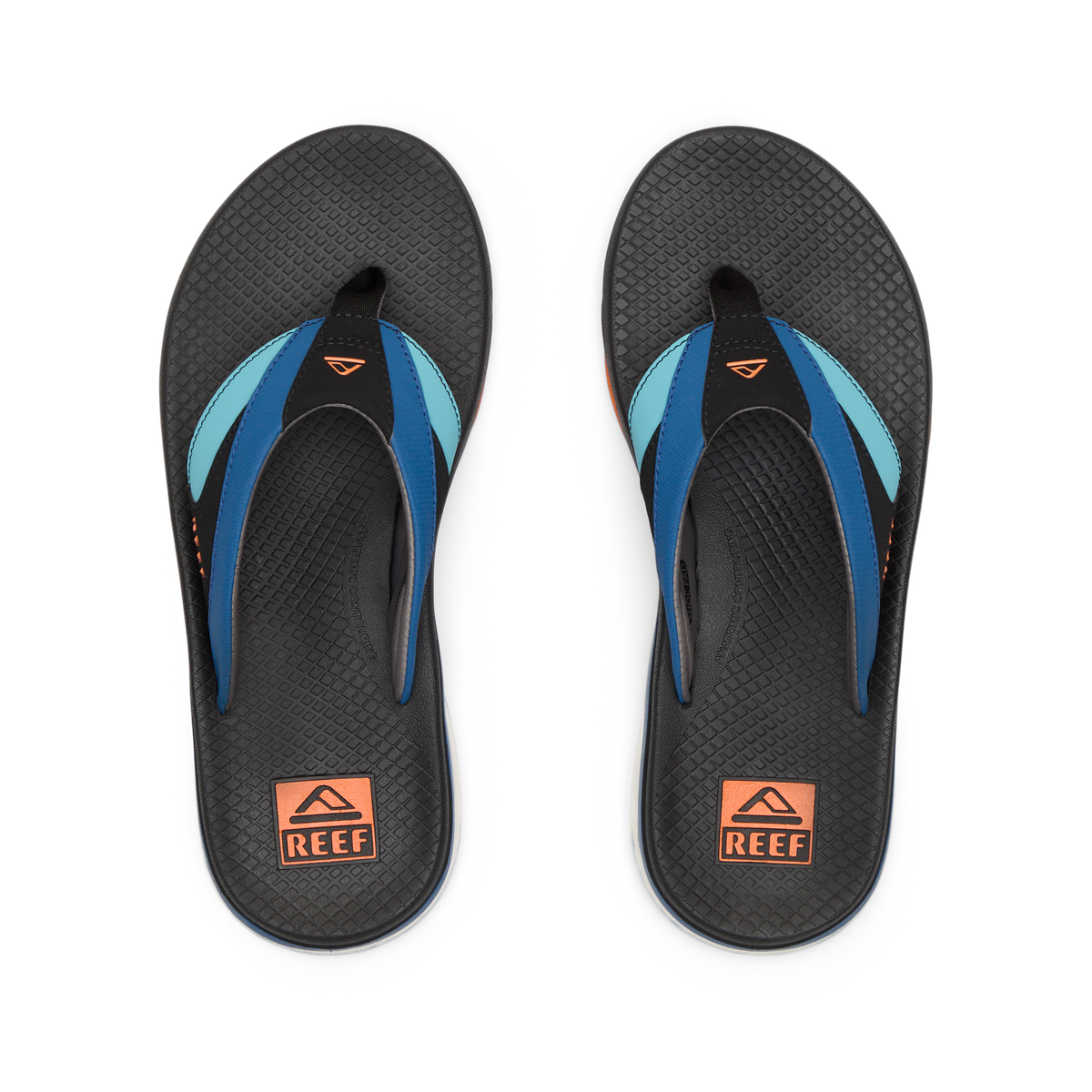 Top view of men's Fanning + sandals with black, blue, and orange accents, featuring comfort cushioning and arch support.