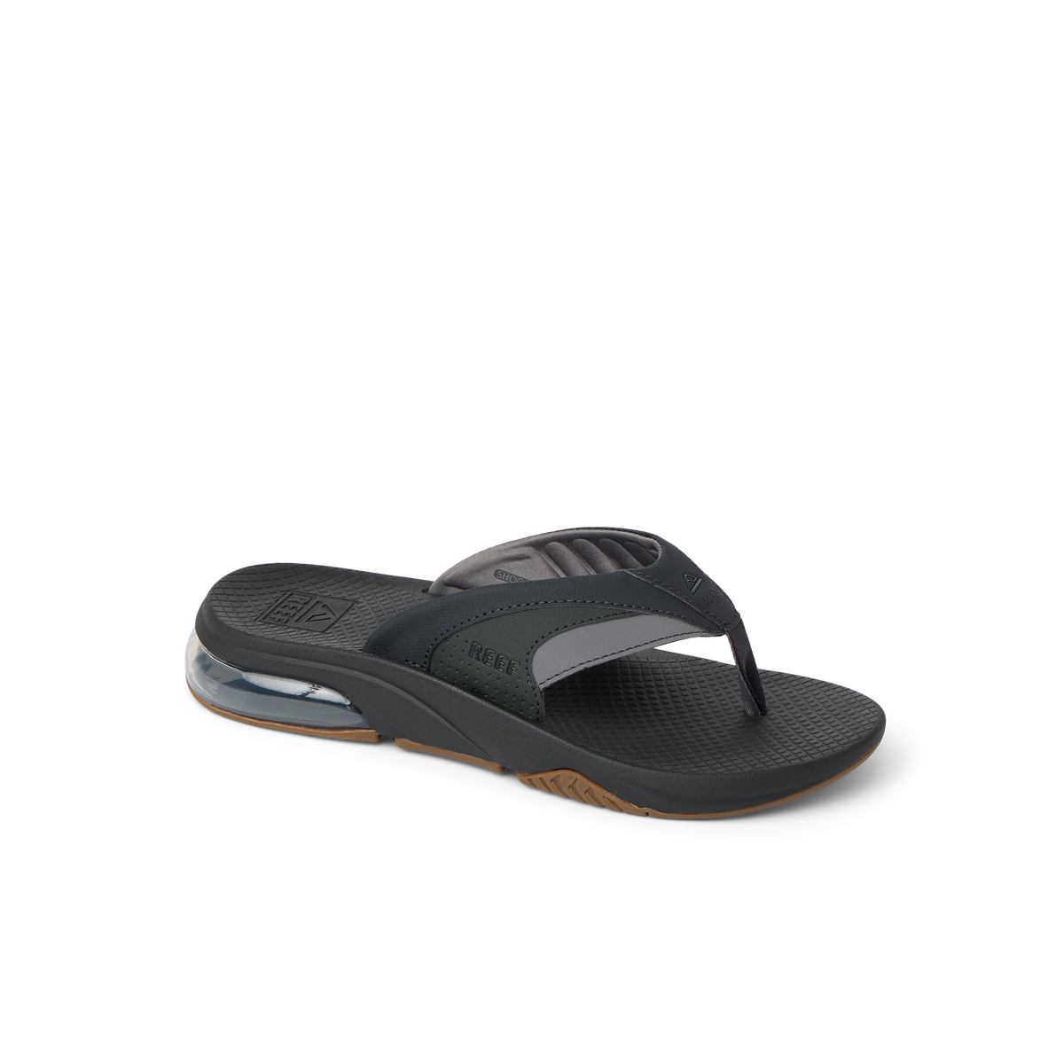 Fanning + men's black and gray flip flop facing right, showing arch support and water-friendly cushioned sole